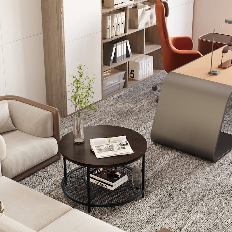 31.5" Round Coffee Table Espresso Color, Industrial 2Tier Circle